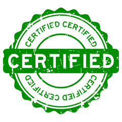 Grunge green certified round rubber seal stamp on white background