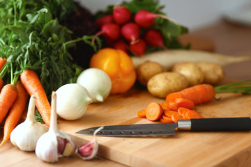 Young woman cutting vegetables in the kitchen