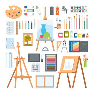 Art tools flat painting icons vector set.