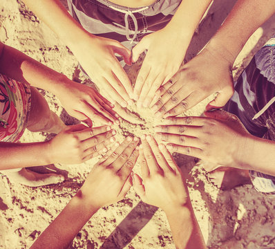 Multicultural Childrens Hands In A Circle. Instagram Effect