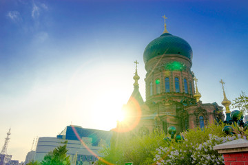 famous Sophia Cathedral in harbin in blue sky