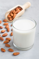 Almond milk in glass with almonds on background, vertical