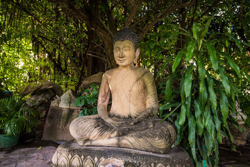 The stone Buddha statue in forest background