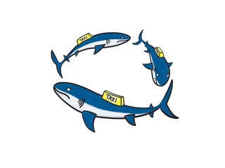 Taxi Cab Sharks Encircle Its Prey Cartoon Drawing Illustration