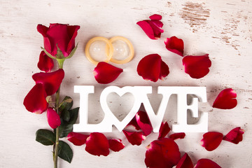 concept valentine day,red rose and white text love 
