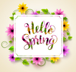 Hello spring vector background design with paper cut typography in a colorful flowers and vines. Vector illustration.
