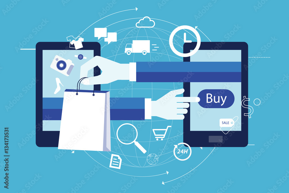 Poster flat vector for business shopping online on mobile device concept and internet marketing online