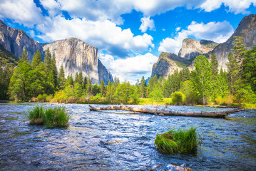 Valley View Yosemite National Park, California, USA.  A fallen tree and rocks on the Merced River. - obrazy, fototapety, plakaty