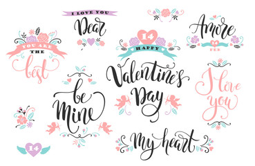 Happy Valentines Day. Set of hand drawn inscriptions.