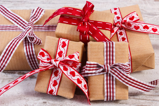 Wrapped gifts in recycled paper for Valentines or other celebration