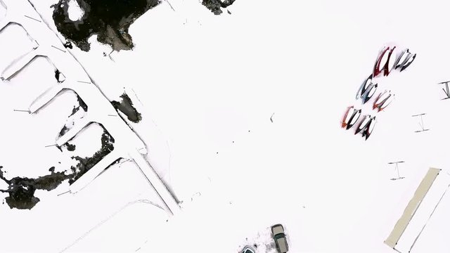 Aerial view of frozen marina in the mountains