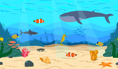 The bottom of the sea. The ocean and marine life. Coral reef, sand, and a sunken ship. Whale, shark, clown fish, sea horse and Royal angelfish. Underwater world.
