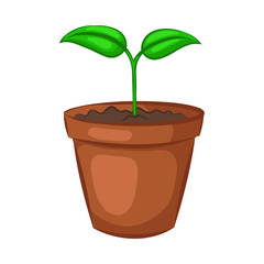 Sprout in ceramic pot. Plant isolated on white background. Cartoon icon. Vector illustration.