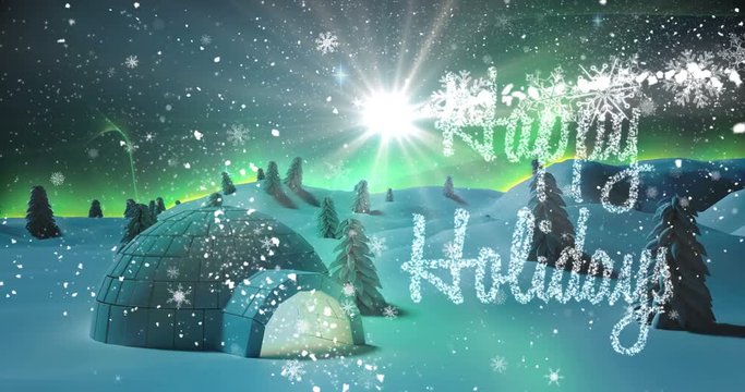 Illustration of igloo and snow covered trees on a snowy landscape