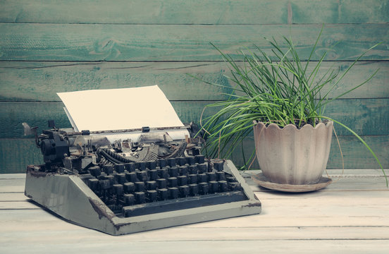Dirty vintage typewriter with plant on a pot