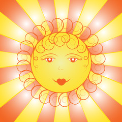 Bright fun Sun with curls on the background of orange and yellow stripes. Vector illustration for banner, poster, greeting card.