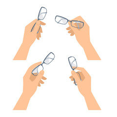 Business man's and woman's hand with glasses set. Flat concept illustration of optical accessories. Isolated on white hands and eyeglasses. Vector spectacles, design elements for web, presentation.