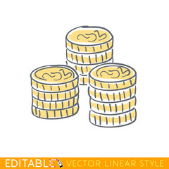 Gold coins stack. Editable line icon. Stock vector illustration.