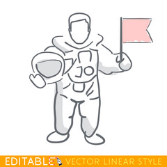 Astronaut holding flag. Editable line drawing. Stock vector illustration.