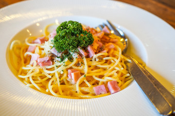 italian food pasta with cheese sauce, Spaghetti carbonara with c