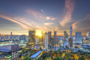 Bangkok capital city of Thailand in business areas at sunset meet nightlight