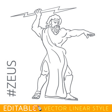 Zeus. King of the gods, ruler  Mount Olympus, and god  the sky, weather, thunder, lightning, law, order,  justice. Series Greek . Editable line drawing. Stock vector illustration.