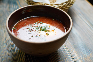 red Ukrainian borsch with sour cream