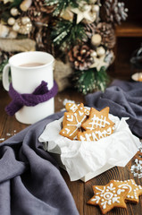 Christmas cookies in box and hot chocolate