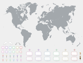 World map with set of blank colorful pointers and markers vector. Grey Political World Map Illustration.