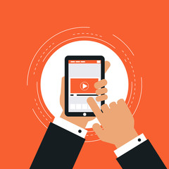 Video marketing and promotion flat vector illustration design.  Online promotion, digital marketing, advertising, video tutorials, online training and courses design for web banners and apps