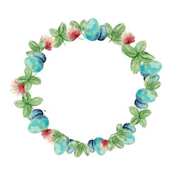 Hand painted watercolor wreath with clover and easter eggs. Easter garland design isolated on white background.