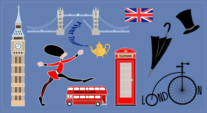 London landmarks. Collection of images - traditional symbols of England.