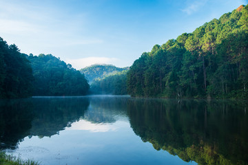 Viewpoint mountain reflection on reservoir , Pang Oung, Mae Hong