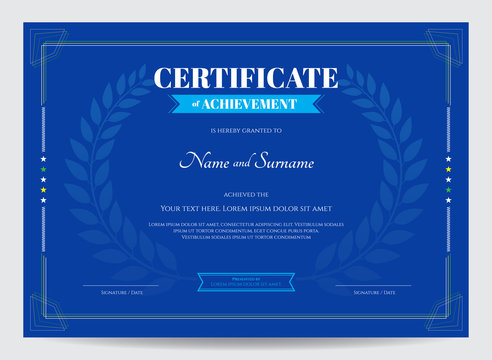 Certificate of achievement template with award laurel on blue background 