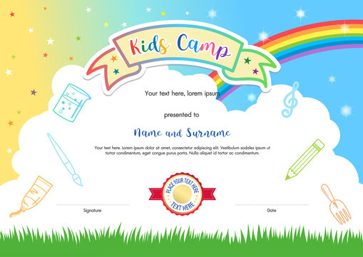 Colorful kids summer camp diploma certificate template in cartoon style with rainbow and cloud sky background