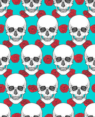 Human skull tribal style seamless pattern. Vector hand drawn illustration. Boho 