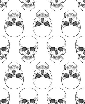 Human skull tribal style seamless pattern. Vector hand drawn illustration. Boho 