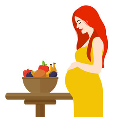 A pregnant woman in her dress. Beautiful woman. Healthy food. Fruit. Great pregnancy. Isolated vector