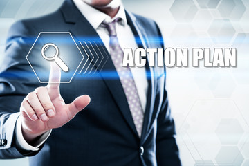 business, technology, internet concept on hexagons and transparent honeycomb background. Businessman pressing action plan on virtual screen