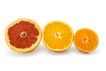 Grapefruit Orange and Tangerine on a white