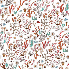 Doodle ocean seaweed, coral seamless pattern