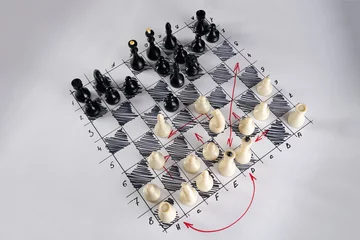 Tuinposter White strategy board with chess figures on it. Plan of battle © Gecko Studio