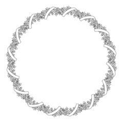 Round black and white frame of flowers with ribbon.