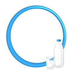 Blue frame on a white background, decorated bottle and glass of milk. Vector illustration.