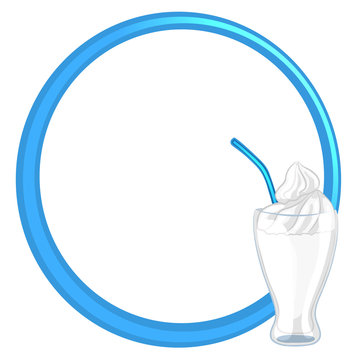 Blue frame on a white background, decorated milk cocktail in a glass with a straw. Vector illustration.