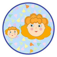 Mom and daughter round sticker. Portrait of a cartoon style woman and girl.