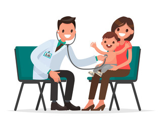 At the reception at the pediatrician. The doctor listens to brea