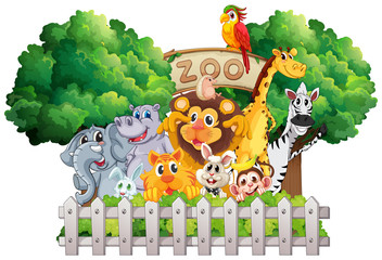 Scene with zoo animals and sign