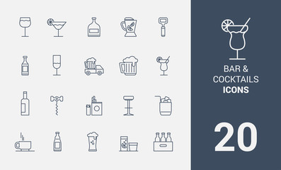 bar and cocktails line icons set