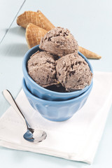 Chocolate ice cream bowls in the blue cup with cones.
